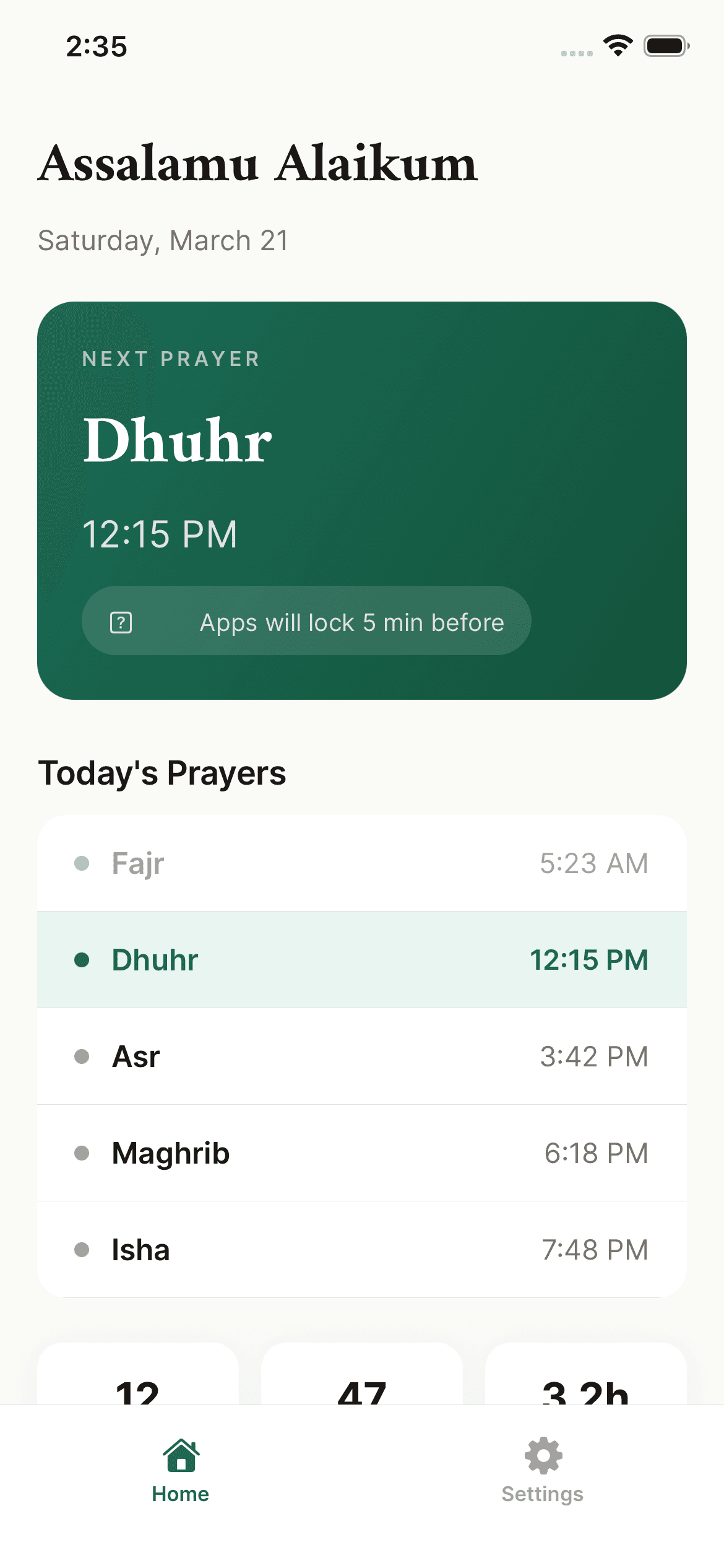 Salah Lock prayer dashboard with today's prayer times